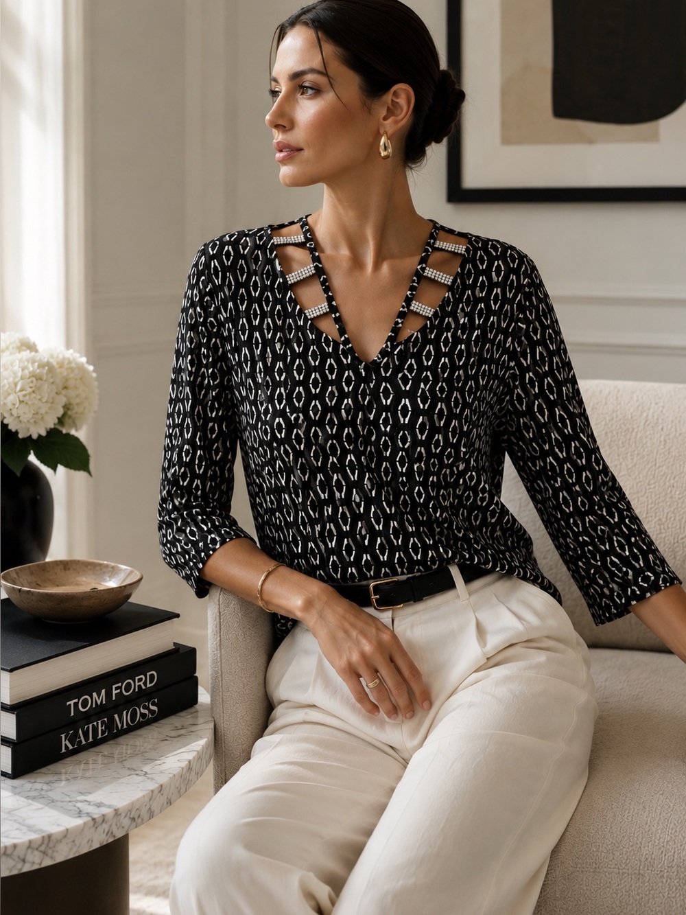 89th + Madison Black & White Patterned V-Neck Women's Top with Cutout Detail L - Picture 1 of 8